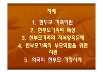 한부모 가족 - 1  한부모 가족이란 2  한부모가족의 특성 3  한부모가족의 자녀양육문제 4  한부모가족의 부모역할을 위한 지원 -2