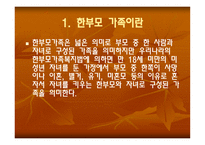 한부모 가족 - 1  한부모 가족이란 2  한부모가족의 특성 3  한부모가족의 자녀양육문제 4  한부모가족의 부모역할을 위한 지원 -3