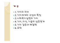 사회복지실천의 가치와 윤리 - 1  가치의 의미 2  가치체계의 구성과 특징 3  사회복지실천의 가치 4  가치, 지식, 기술의 상호관계 -2