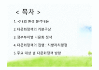 우리나라다문화정책 다문화정책 국내외환경분석내용 다문화정책의기본구상 정부부처별다문화정책 다문화정책의집행 주요대상별다문화정책방향-2