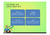 LUSH 러쉬 SWOT분석 STP분석 러쉬만의차별성 러쉬만의경쟁력과성과정리 경쟁사와의 비교를 통한 러쉬의 CSR 마케팅 사례-7