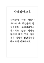 자폐장애교육 자폐장애 관련 영화나 드라마 속 주인공의 행동특성을 우리나라에서 제시되고 있는 자폐성 장애에 대한 법적 정의 혹은 의학적 진단기준을 제시하여 비교하시오-1