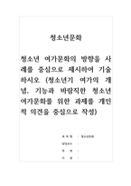 청소년문화-청소년 여가문화의 방향을 사례를 중심으로 제시하여 기술하시오 (청소년기 여가의 개념, 기능과 바람직한 청소년 여가문화를 위한 과제를 개인적 의견을 중심으로 작성)-1