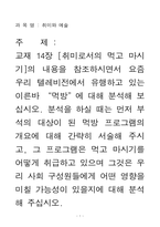 취미와예술_방통대 교재 14장 취미로서의 먹고 마시기의 내용을 참조하며, 요즘 우리 텔레비전에서 유행하고 있는 이른바 “먹방”에 대해 분석하고,  먼저 분석의 대상이 된 먹방 프로그램의 개요에 대해 간략히 서술, 그 프로그램은 먹고 마시기를 어떻게 취급하고 있으며 그것은 우리 사회 구성원들에게 어떤 영향을 미칠 가능성이 있을지에 대해 분석-1