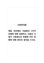 사회학개론_에밀 뒤르켐의 자살론의 3가지 유형에 대해 설명하고, 다음의 사례가 사회제도의 변화에 미친 영향에 대해 본인의 생각을 쓰시오-1
