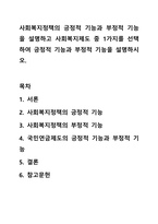 사회복지정책의 긍정적 기능과 부정적 기능을 설명하고 사회복지제도 중 1가지를 선택하여 긍정적 기능과 부정적 기능을 설명하시오-1