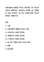 보육과정에 영향을 미치는 대표적인 세 가지(성숙주의, 행동주의, 구성주의) 이론을 장, 단점별로 상호 비교하고, 세 가지 이론에 대한 자신의 생각을 기술하시오.-1