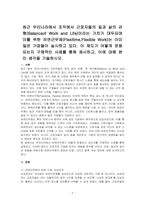 최근 우리나라에서 조직에서 근로자들의 일과 삶의 균형(Balanceof Work and Life)이라는 가치가 대두되며 이를 위한 유연근무제(Flexitime,Flexible Work)는 이미 많은 기업들이 실시하고 있다 이 제도가 어떻게 운용되는지 구체적인 사례를 통해 제시하고, 이에 대해 본인 생각을 기술하시오-1