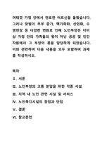 여태껏 가정 안에서 연로한 어르신을 돌봤습니다. 그러나 맞벌이 부부 증가, 핵가족화, 산업화, 수명연장 등 다양한 변화로 인해 노인부양은 더이상 가정 안의 가족들의 몫이 아닌 공공 및 민간차원에서 그 부양의 몫을 담당하게 되었습니다. 이와 관련하여 다음 내용을 모두 포함하여 과제를 작성하시오.-1