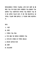 현대사회에서 가족의 기능에는 성적 욕구 충족 및 통제의 기능 자녀 출산 양육 사회화의 기능 돌봄의 기능 경제적 기능 사회적지위 부여의 기능 애정적 기능 휴식 및 오락의 기능이 있다. 이 중 가장 중요하다고 생각하는 기능에 대해 밝히고 그 이유에 대해 토론하시오.-1