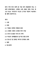 한국 가족 복지 정책 중 가장 먼저 해결해야 하는 시급한 과제(저출산, 고령화, 보육, 돌봄, 장애, 여성, 청소년 등)는 무엇인지 자신의 근거와 객관적 자료제시를 통해 토론하시오.-1