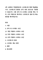 3주 2강에서 작업장에서의 스트레스에 대해 학습했습니다. 스트레스의 원천은 조직 내외 요인으로 구분할 수 있습니다. 그중 조직 내 스트레스 요인을 개인, 직무, 조직 차원으로 제시하고 스트레스의 결과 및 해소 방안을 제시하십시오.-1