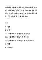 가족생활교육을 실시할 수 있는 다양한 장소 중 3곳을 골라 적고, 각 장소가 프로그램 실시에 적합한 이유와 실시가능 프로그램의 예를 구체적으로 들어 설명하시오.-1