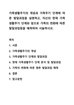 가족생활주기의 개념과 가족주기 단계에 따른 발달과업을 설명하고, 자신의 현재 가족생활주기 단계와 앞으로 가족의 변화에 따른 발달과업등을 예측하여 서술하시오.-1