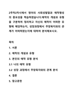2주차2차시에서 영아의 사회성발달과 애착형성의 중요성을 학습하였습니다.애착의 개념과 유형을 구분하여 정리하고 자신의 애착이 어떠한 유형에 해당하는지, 성장과정에서 주양육지와의 관계가 어떠하였는지에 대하여 분석해보시오.-1