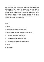4주 2강부터 5주 2강까지의 내용으로 교육제도에 대해 학습했습니다. 우리나라 교육제도는 미국의 학제를 본으로 하여 만들어졌는데, 우리나라 교육제도가 미국의 학제를 본받을 수밖에 없었던 원인을 서른, 본론, 결론의 형식으로 작성하십시오.-1