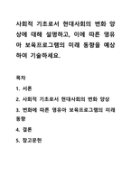 사회적 기초로서 현대사회의 변화 양상에 대해 설명하고, 이에 따른 영유아 보육프로그램의 미래 동향을 예상하여 기술하세요.-1