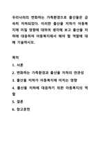 우리나라의 변화하는 가족환경으로 출산율은 급속히 저하되었다. 이러한 출산율 저하가 아동복지에 미칠 영향에 대하여 생각해 보고 출산율 저하에 대응하여 아동복지에서 해야 할 역할에 대해 기술하시오.-1