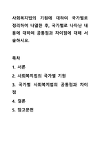 사회복지법의 기원에 대하여 국가별로 정리하여 나열한 후, 국가별로 나타난 내용에 대하여 공통점과 차이점에 대해 서술하시요.-1