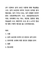 2주 1강에서 성격 5요인 이론에 대해 학습했습니다. 성격 5요인에 비추어 자신의 성격을 분석해보세요. 내가 가지고 있는, 내가 경험한 의미추론의 오류(흑백논리적 사고, 과잉일반화,정신적 여과, 의미확대 또는 축소, 개인화, 잘못된 명명, 독심술적 사고, 예언자적-1