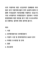 외국 자동차에 대한 수입규제가 철폐됨에 따라 많은 외국 자동차회사들이 한국 승용차시장에 진출해 국내승용차 제조업체를 위협하고 있습니다. 국내 H자동차의 마케팅담당자 입장에서 이러한 환경변화에 대한 대안을 찾기 위한 조사프로젝트를 진행하는 절차에 대해-1