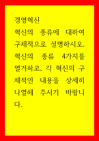 경영혁신 혁신의 종류에 대하여 구체적으로 설명하시오 혁신의 종류 4가지를 열거하고, 각 혁신의 구체적인 내용을 상세히 나열해 주시기 바랍니다-1