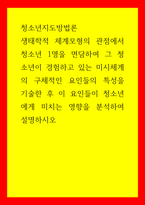 청소년지도방법론 생태학적 체계모형의 관점에서 청소년 1명을 면담하여 그 청소년이 경험하고 있는 미시체계의 구체적인 요인들의 특성을 기술한 후 이 요인들이 청소년에게 미치는 영향을 분석하여 설명-1
