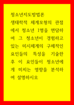 청소년지도방법론 생태학적 체계모형의 관점에서 청소년 1명을 면담하여 그 청소년이 경험하고 있는 미시체계의 구체적인 요인들의 특성을 기술한 후 이 요인들이 청소년에게 미치는 영향을 분석하여 설명하시오-1