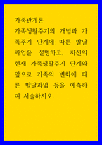 가족관계론 가족생활주기의 개념과 가족주기 단계에 따른 발달과업을 설명하고, 자신의 현재 가족생활주기 단계와 앞으로 가족의 변화에 따른 발달과업 등을 예측하여 서술하시오-1