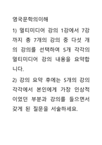 영국문학의이해) 1) 멀티미디어 강의 1강에서 7강까지 총 7개의 강의 중 다섯 개의 강의를 선택하여 5개 각각의 멀티미디어 강의 내용을 요약합니다  2) 강의 요약 후에는 5개의 강의 각각에서 본인에게 가장 인상-1
