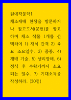원예 작물학1) 채소재배 현장을 방문하거나 참고도서를 참고하여 채소 작물 1개를 선택하여 1) 재식 간격 2) 육묘 소요일수, 3) 품종, 4) 재배 기술, 5) 생리장해, 6) 정식 후 수확기까지 소요-1