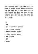최근 우리나라에서 사회적으로 해결해야 할 과제로 가족구조 및 가족관련 가치관의 변화이다. 예를 들어 결혼률 저하, 이혼율 증가, 독신가구, 한부모가족 등 다양한 가족형태의 등장, 출산률 하락 등이다. 이와 같은 가족문제의 원인을 진단하고, 그에 따른 대책과-1