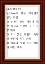조직행동론 ) Maslow의 욕구 계층설과 산업 혁명 1) 1-3차 산업 혁명에 대한 특징과 인간의 욕구 지향 비교 2) 4차 산업 혁명의 특징과 인간의 욕구 변화 3) 미래의 사회 조직 변화에 대한 예측-1