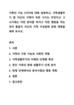 가족의 기능 3가지에 대해 설명하고, 가족생활주기 중 자신의 가족이 속한 시기는 무엇이고 그 시기에는 어떤 준비를 하거나 어떤 행동을 하는 것이 좋을지 자신의 가족 구성원에 맞춰 계획을 세워 보시오.-1