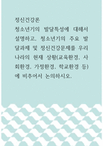 정신건강론 ) 청소년기의 발달특성에 대해서 설명하고, 청소년기의 주요 발달과제 및 정신건강문제를 우리나라의 현재 상황(교육환경, 사회환경, 가정환경, 학교환경 등)에 비추어서 논의하시오-1