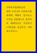 사회복지법제와실천 ) 현재 우리나라 사회복지법체계에 대해서 알아보고 이것을 삼분법으로 분리하여 체계적으로 작성하기(사회보험, 공공부조, 사회복지서비스)-1