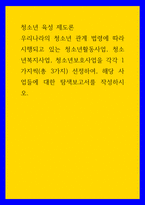 청소년 육성 제도론 우리나라의 청소년 관계 법령에 따라 시행되고 있는 청소년활동사업, 청소년복지사업, 청소년보호사업을 각각 1가지씩총 3가지 선정하여, 해당 사업들에 대한 탐색보고서를 작성하시오-1