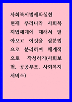 사회복지법제와실천 ) 현재 우리나라 사회복지법체계에 대해서 알아보고 이것을 삼분법으로 분리하여 체계적으로 작성하기(사회보험, 공공부조, 사회복지서비스)-1