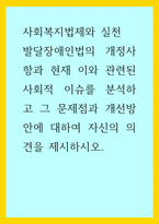 사회복지법제와 실천 ) 발달장애인법의 개정사항과 현재 이와 관련된 사회적 이슈를 분석하고 그 문제점과 개선방안에 대하여 자신의 의견을 제시하시오-1