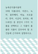 1농축산식품이용학 ) 10대 식품(귀리, 아몬드, 녹차, 블루베리, 마늘, 브로콜리, 연어, 시금치, 토마토, 레드와인) 중 본인이 1가지 식품을 선택하고 그 식품이 훌륭한 식품이 갖추어야 할 조건들에 근거하여 설명하시오-1