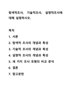 탐색적조사, 기술적조사, 설명적조사에 대해 설명하시오. 사회복지조사론-1