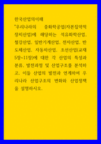 한국산업의이해 ) 우리나라의 중화학공업(자본집약적 장치산업)에 해당하는 석유화학산업, 철강산업, 일반기계산업, 전자산업, 반도체산업, 자동차산업, 조선산업에 대한 각 산업의 특성과 분류, 발전과정 및 산업구조를 분석-1