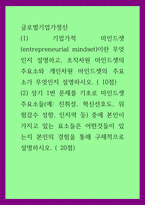 글로벌기업가정신 ) 기업가적 마인드셋(entrepreneurial mindset)이란 무엇인지 설명하고, 조직차원 마인드셋의 주요소와 개인차원 마인드셋의 주요소가 무엇인지 설명하시오-1