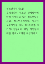 청소년육성제도론 = ) 우리나라의 청소년 관계법령에 따라 시행되고 있는 청소년활동사업, 청소년복지사업, 청소년보호사업을 각각 1가지씩(총 3가지) 선정하여, 해당 사업들에 대한 탐색보고서를 작성하시오 (2)-1