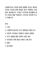 사회복지사는 타인의 삶에 영향을 미치는 중요한 타자로 자신에 관해 제대로 알고 이해하는 것은 매우 중요합니다. 사회복지실천기술론-1