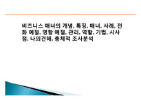 비즈니스 매너의 개념, 특징, 매너, 사례, 전화 예절, 명함 예절, 관리, 역할, 기법, 시사점, 나의견해, 총체적 조사분석-1