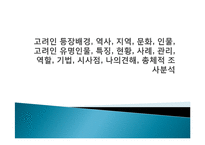 고려인 등장배경, 역사, 지역, 문화, 인물, 고려인 유명인물, 특징, 현황, 사례, 관리, 역할, 기법, 시사점, 나의견해, 총체적 조사분석-1