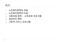노인복지정책, 독거노인에게 행해지는 프로그램, 노인복지정책의 개념, 노인복지정책의 이념, 사회보장정책, 공공부조정책, 사회적서비스프로그램-2
