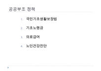 노인복지정책, 독거노인에게 행해지는 프로그램, 노인복지정책의 개념, 노인복지정책의 이념, 사회보장정책, 공공부조정책, 사회적서비스프로그램-7
