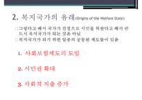 복지국가의 유래, 복지국가 탄생, 복지국가 성장시대, 미국의 복지, 스웨덴의 복지, 복기국가 확장시대-5
